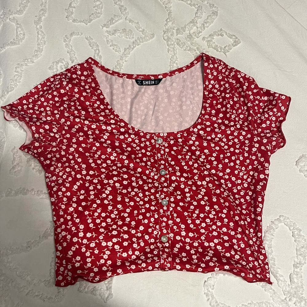 SHEIN Red Puff Sleeve Crop Blouse
